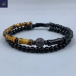 دستبند سنگی مردانه ، سنگ چشم ببر اصل و معدنی ، عقیق ، اونیکس و حدید    Bamboo Tiger 1