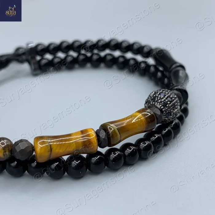 دستبند سنگی مردانه ، سنگ چشم ببر اصل و معدنی ، عقیق ، اونیکس و حدید    Bamboo Tiger 1 - Image 4