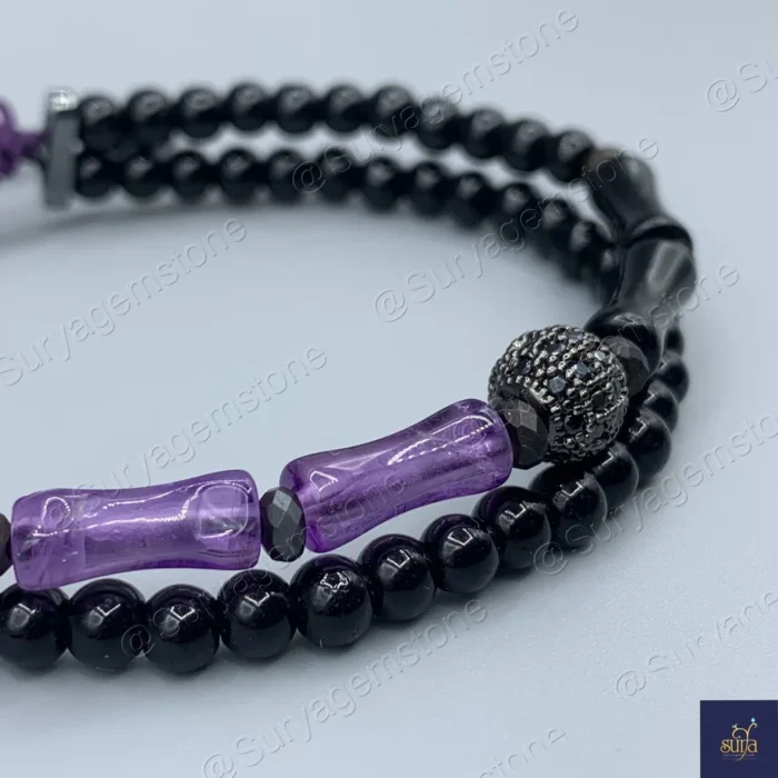 دستبند مردانه آمیتیست اصل و طبیعی ، سنگ عقیق ، اونیکس و حدید ، سنگی دست ساز     Bamboo Amethyst - Image 2