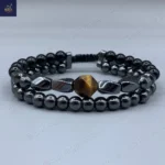 دستبند مردانه سنگی ، سنگ چشم ببر اصل و معدنی، عقیق و حدید  Iron Hand 8