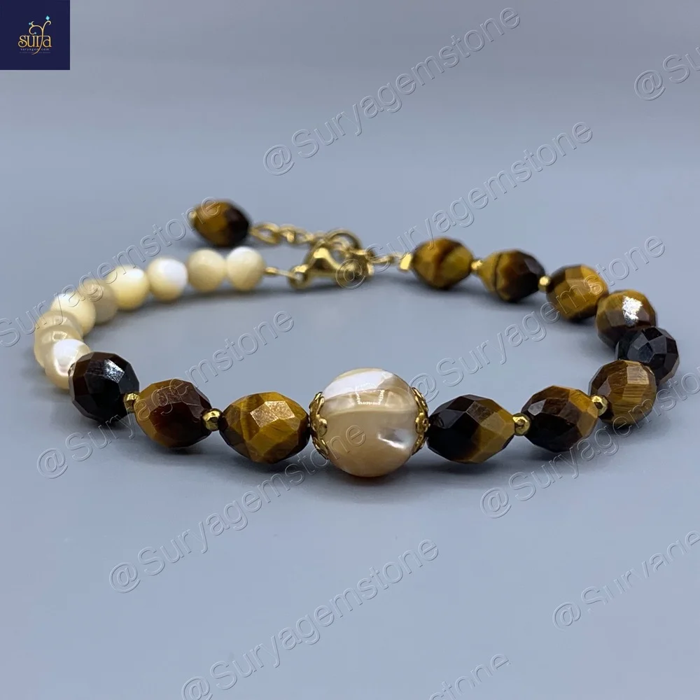 Shani Honey Glow 1JPG دستبند زنانه سنگ چشم ببر اصل و طبیعی ، صدف کاراملی و حدید ، سنگی دست ساز Honey Glow - Image 1