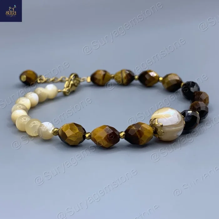 دستبند زنانه سنگ چشم ببر اصل و طبیعی ، صدف کاراملی و حدید ، سنگی دست ساز   Honey Glow - Image 2