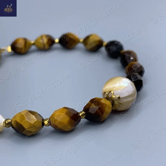 دستبند زنانه سنگ چشم ببر اصل و طبیعی ، صدف کاراملی و حدید ، سنگی دست ساز   Honey Glow - Image 4