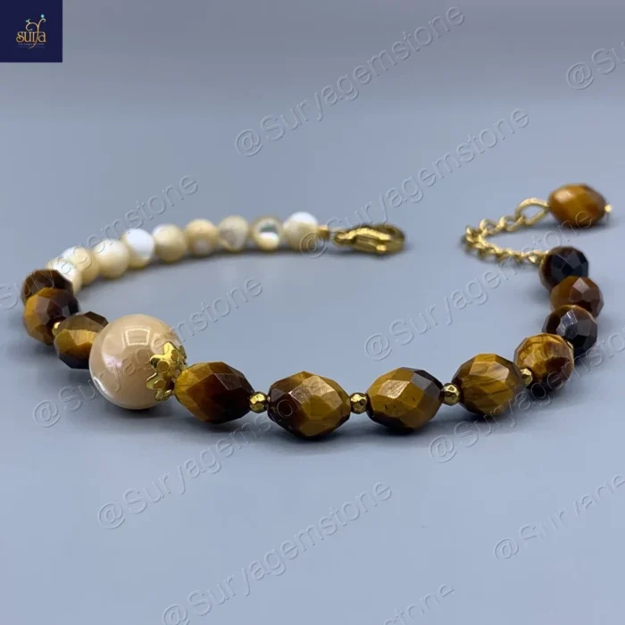 دستبند زنانه سنگ چشم ببر اصل و طبیعی ، صدف کاراملی و حدید ، سنگی دست ساز   Honey Glow - Image 3