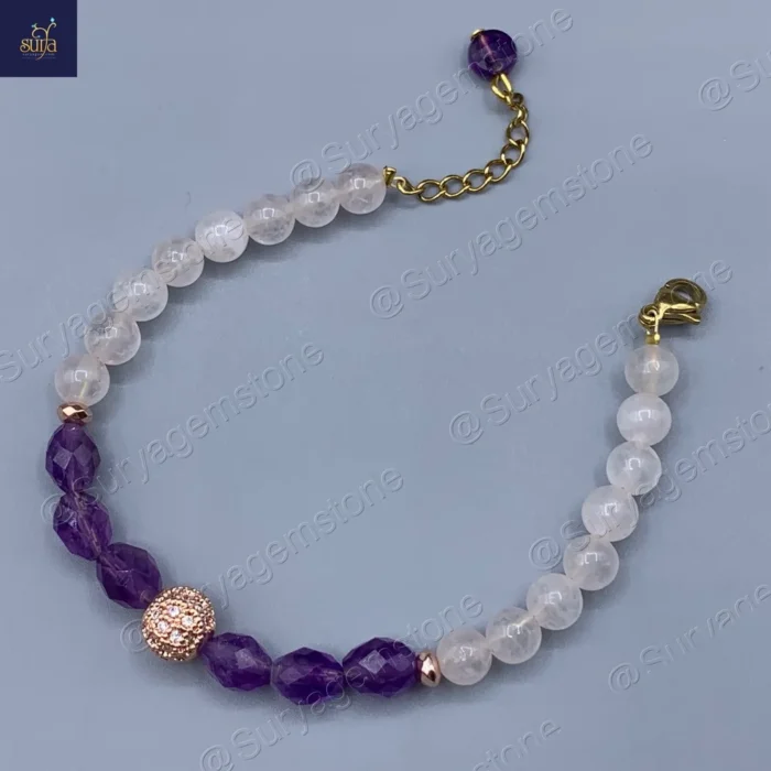 دستبند دخترانه سنگی ، سنگ رز کوارتز اصل و معدنی و آمیتیست  Amethyst Kiss - Image 2