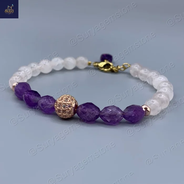 دستبند دخترانه سنگی ، سنگ رز کوارتز اصل و معدنی و آمیتیست  Amethyst Kiss - Image 4