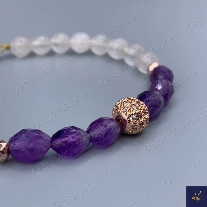 دستبند دخترانه سنگی ، سنگ رز کوارتز اصل و معدنی و آمیتیست  Amethyst Kiss - Image 3